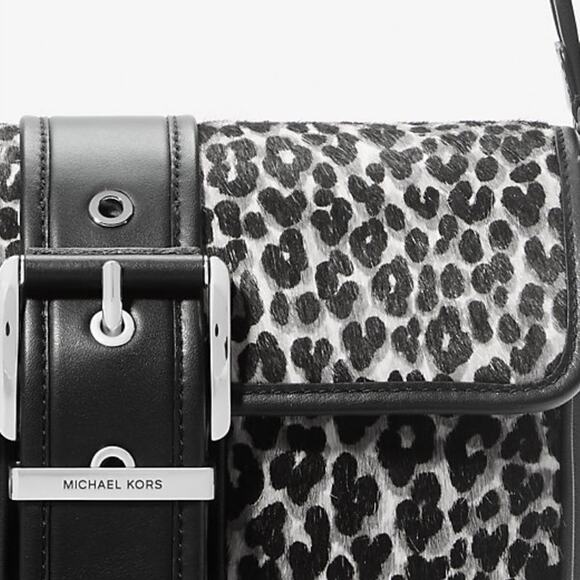 Michael Kors Colby Medium Leather & Calf Hair Leopard Print MK Shoulder Bag NEW - Picture 4 of 13